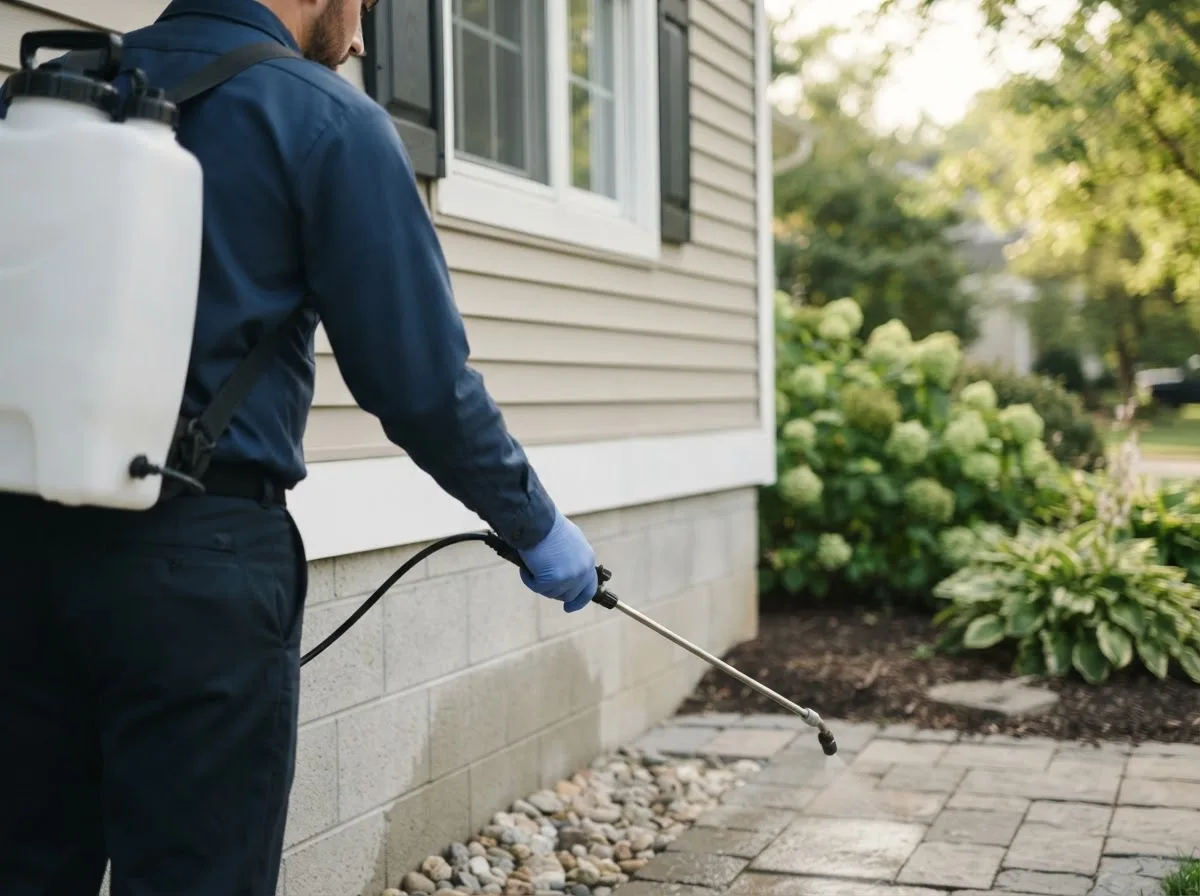 Pest control technician inspecting a home in Kaw City, OK